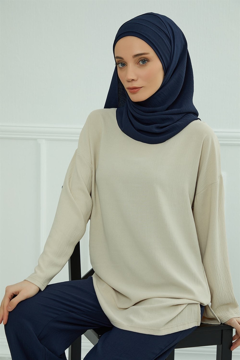 Aisha's Design Pileli Tasarım Şal,Lacivert,CPS-93 görsel 5