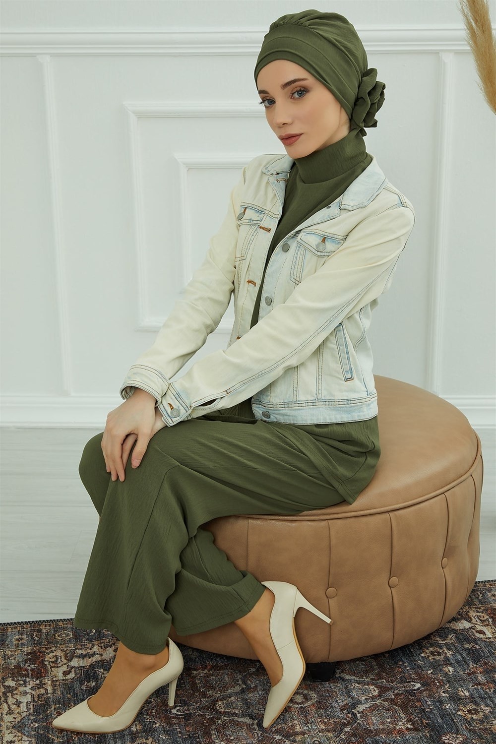 Aisha's Design Zarif Hazır Türban,Haki Yeşili,HT-92 görsel 5