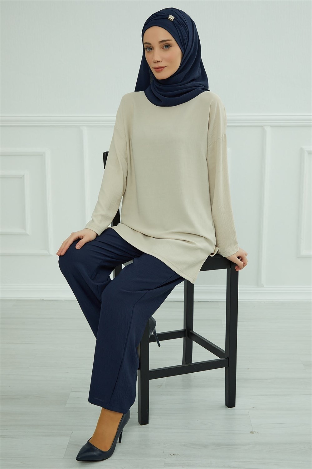 Aisha's Design Aksesuar Detaylı Pratik Şal,Lacivert,CPS-94 görsel 4