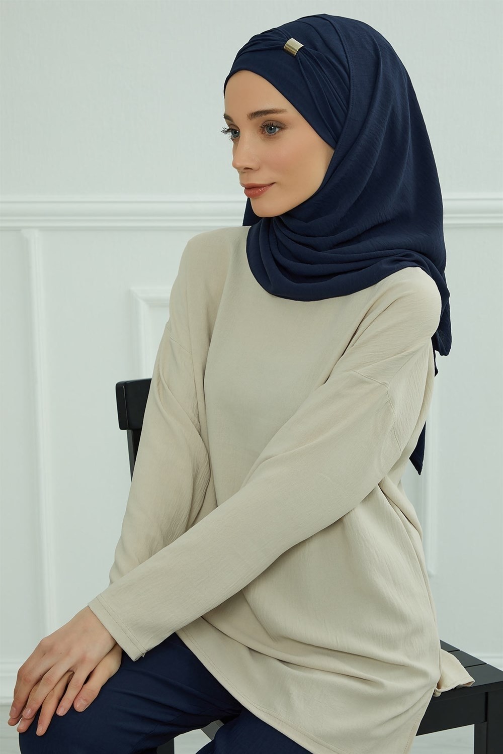 Aisha's Design Aksesuar Detaylı Pratik Şal,Lacivert,CPS-94 görsel 5