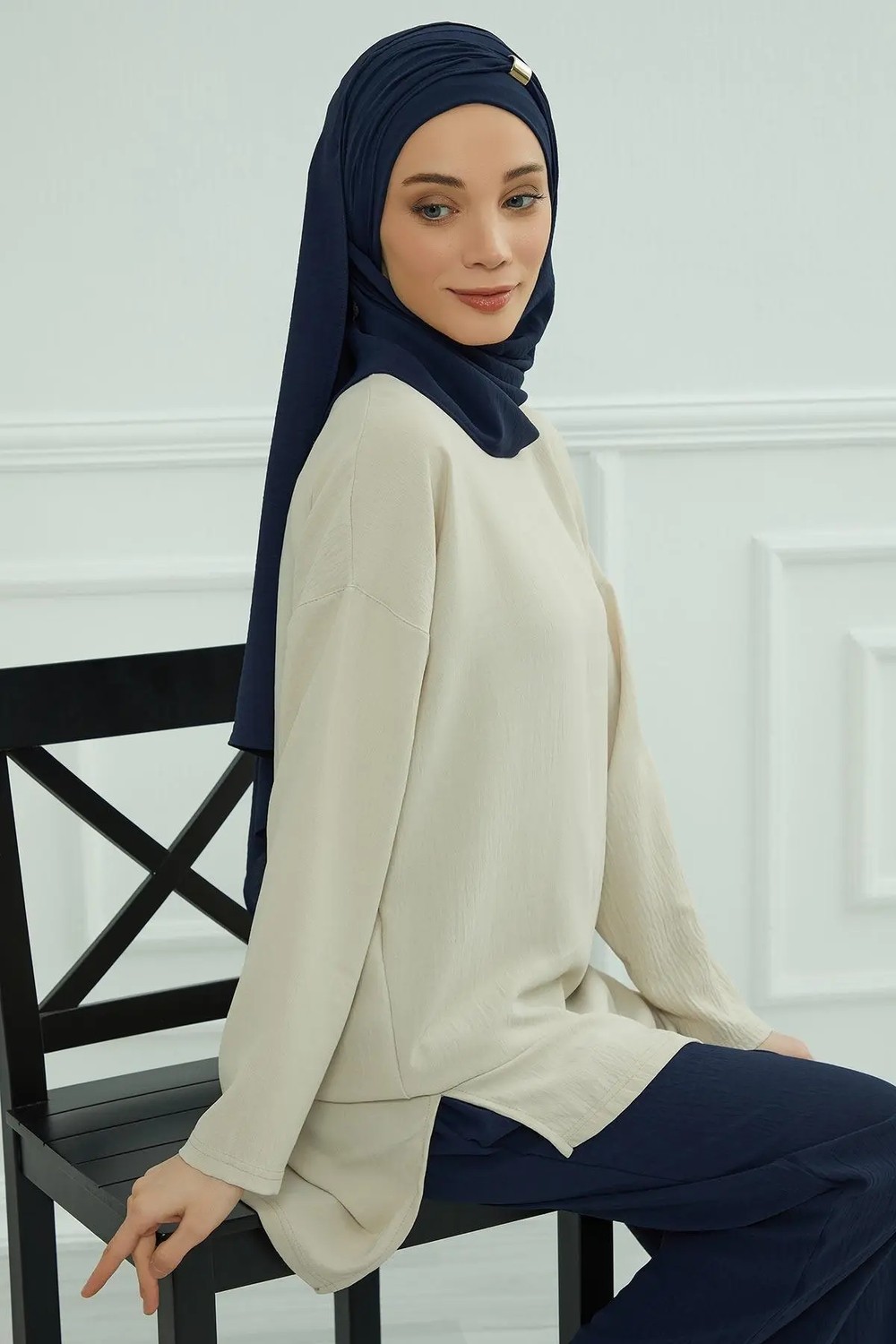 Aisha's Design Aksesuar Detaylı Pratik Şal,Lacivert,CPS-94 görsel 6
