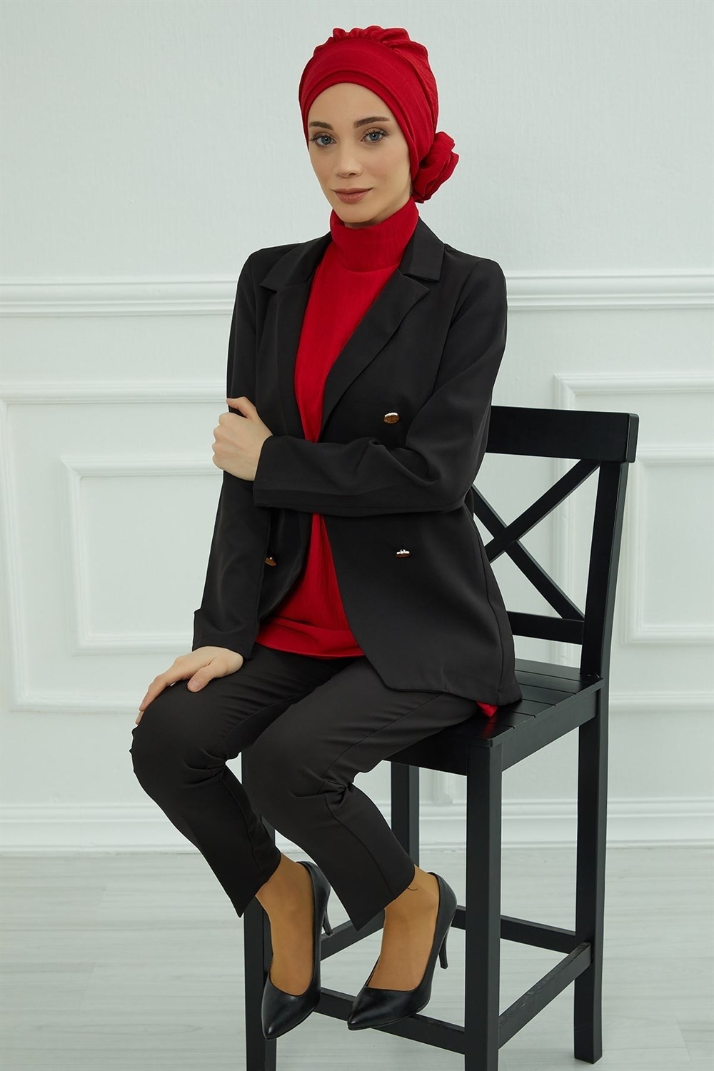 Aisha's Design Zarif Hazır Türban,Kırmızı,HT-92 görsel 4