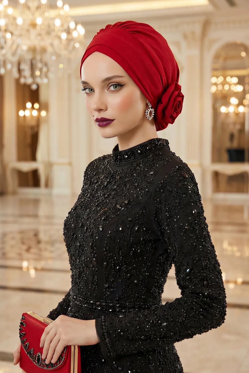 Aisha's Design Zarif Hazır Türban,Kırmızı,HT-92
