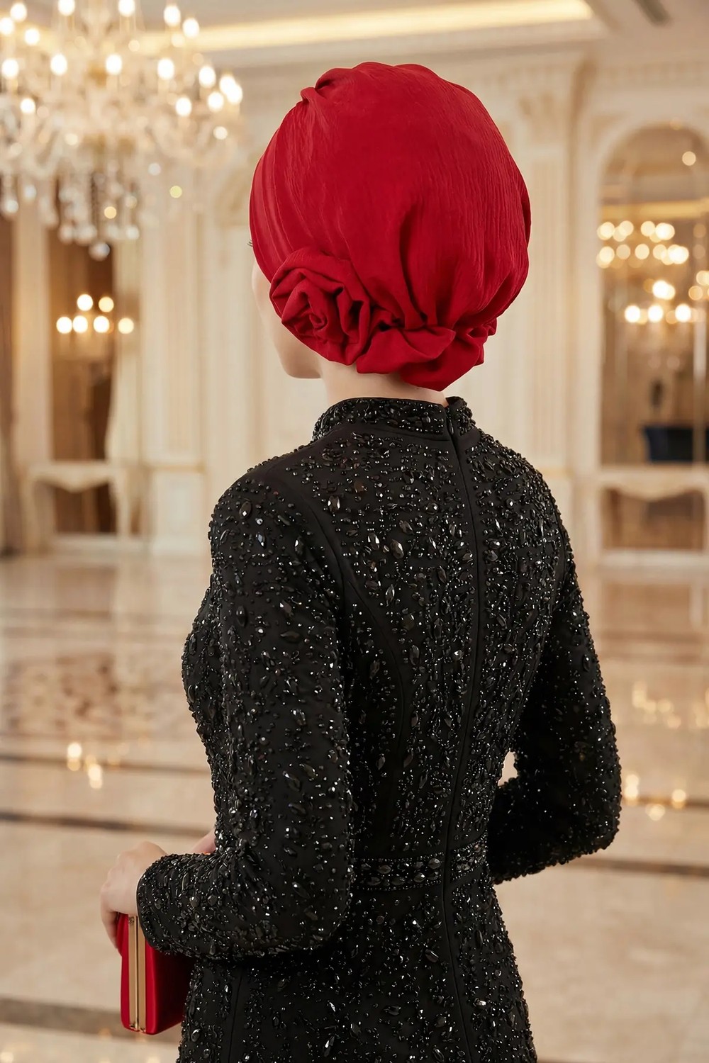 Aisha's Design Zarif Hazır Türban,Kırmızı,HT-92 görsel 2