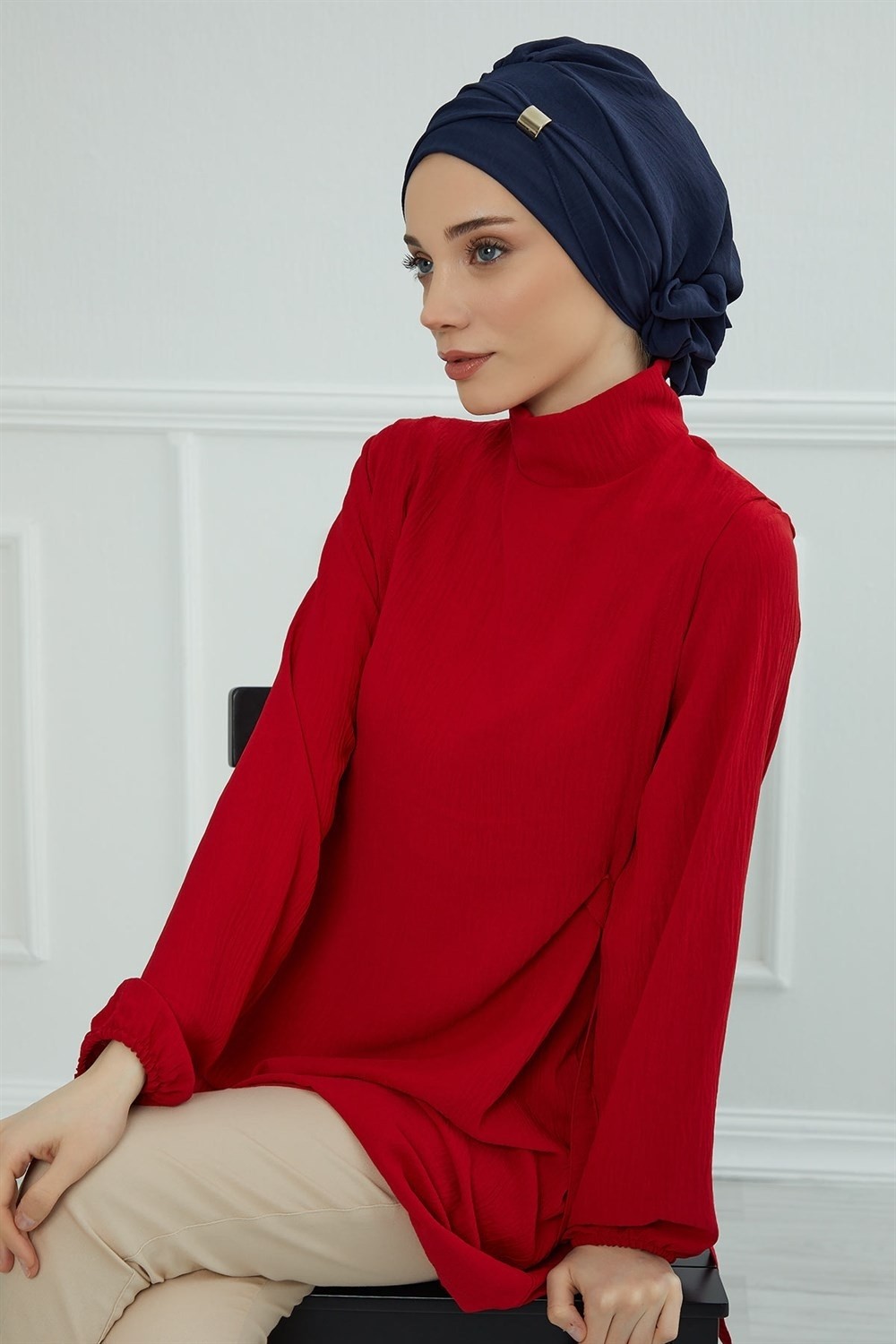Aisha's Design Aksesuarlı Hazır Türban,Lacivert,HT-95 görsel 4