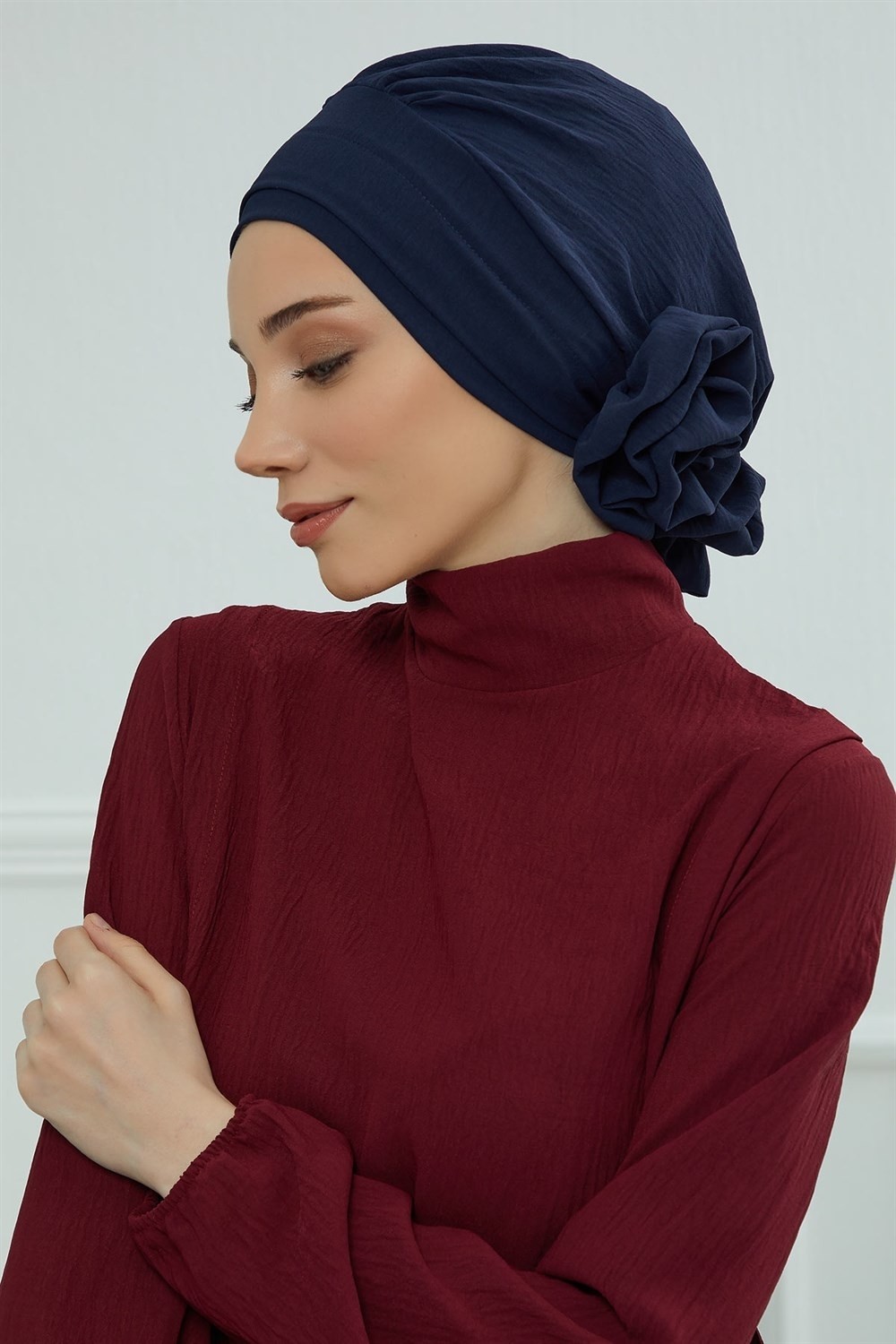 Aisha's Design Zarif Hazır Türban,Lacivert,HT-92 görsel 3