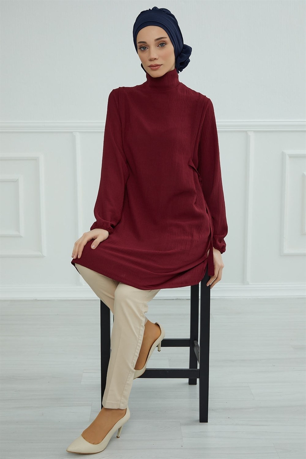 Aisha's Design Zarif Hazır Türban,Lacivert,HT-92 görsel 4