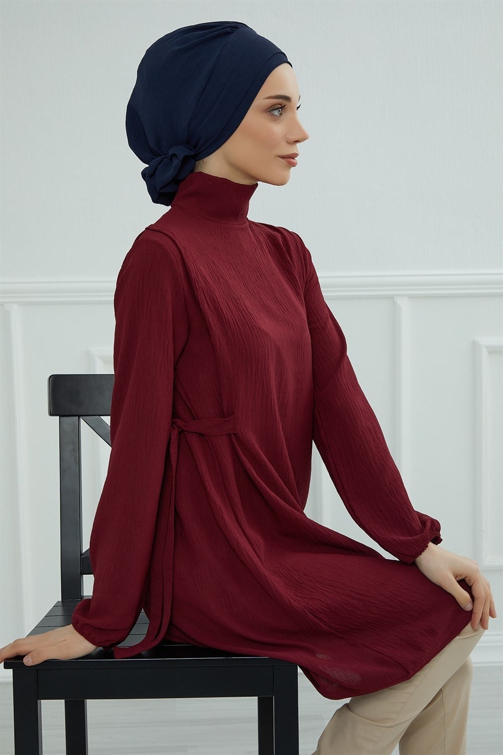 Aisha's Design Zarif Hazır Türban,Lacivert,HT-92 görsel 5