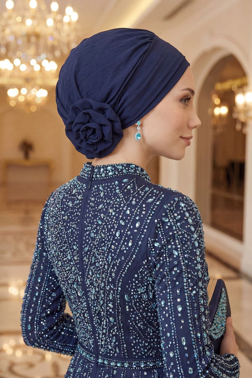 Aisha's Design Zarif Hazır Türban,Lacivert,HT-92 görsel 2