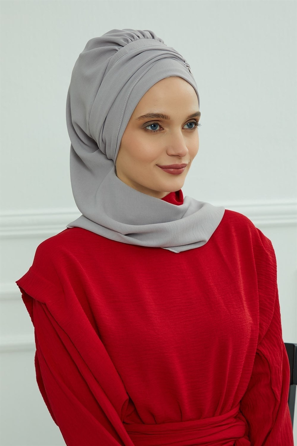 Aisha's Design Metal Aksesuarlı Şık Hazır Türban,Gri,HT-94 görsel 2