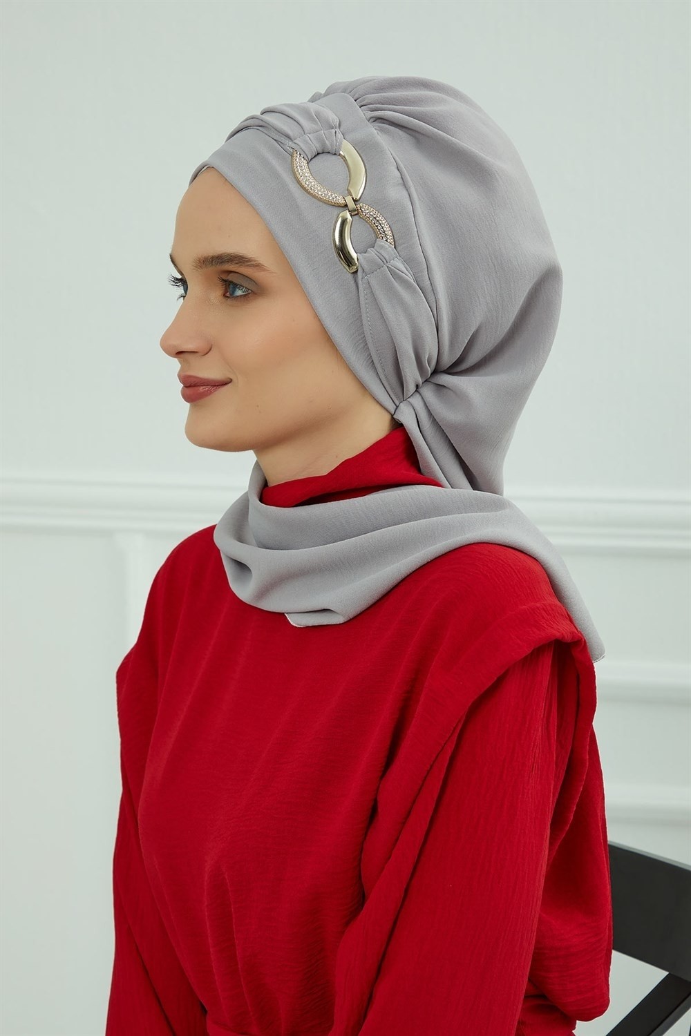 Aisha's Design Metal Aksesuarlı Şık Hazır Türban,Gri,HT-94 görsel 3