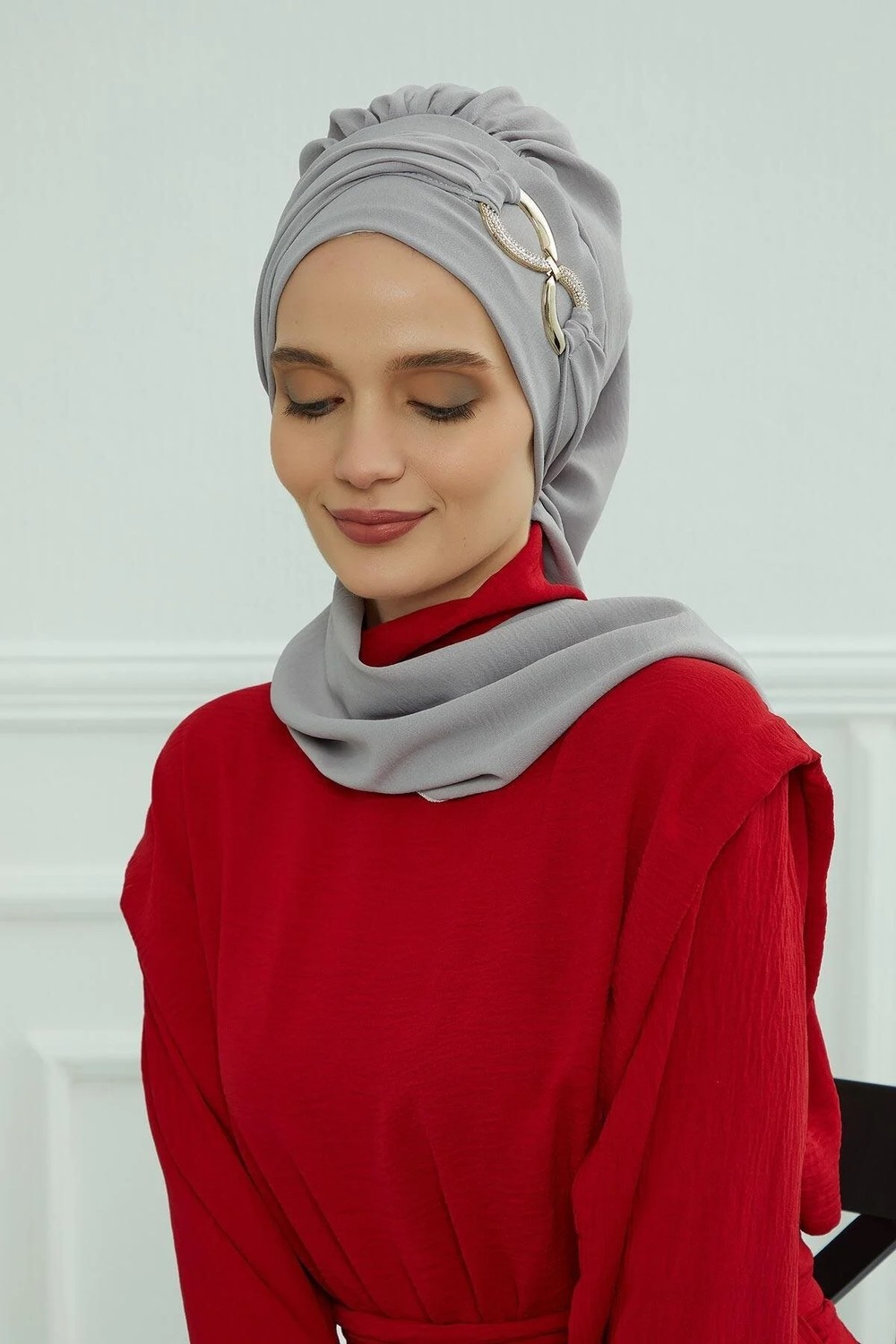 Aisha's Design Metal Aksesuarlı Şık Hazır Türban,Gri,HT-94 görsel 5