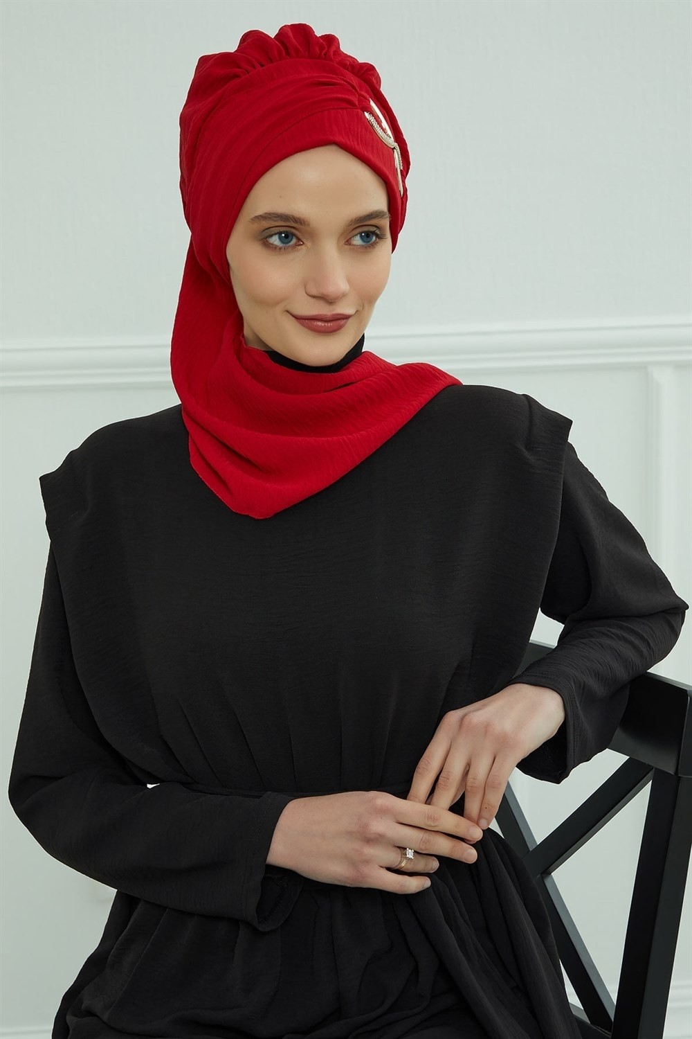 Aisha's Design Metal Aksesuarlı Şık Hazır Türban,Kırmızı,HT-94
