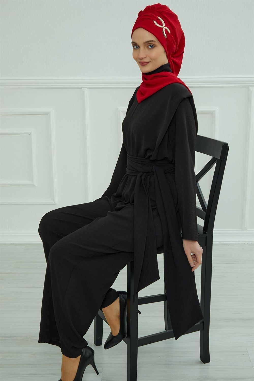 Aisha's Design Metal Aksesuarlı Şık Hazır Türban,Kırmızı,HT-94 görsel 2