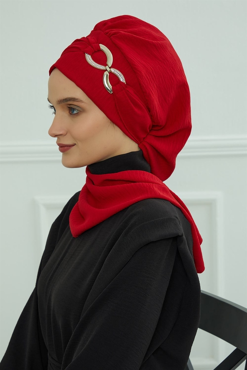 Aisha's Design Metal Aksesuarlı Şık Hazır Türban,Kırmızı,HT-94 görsel 3