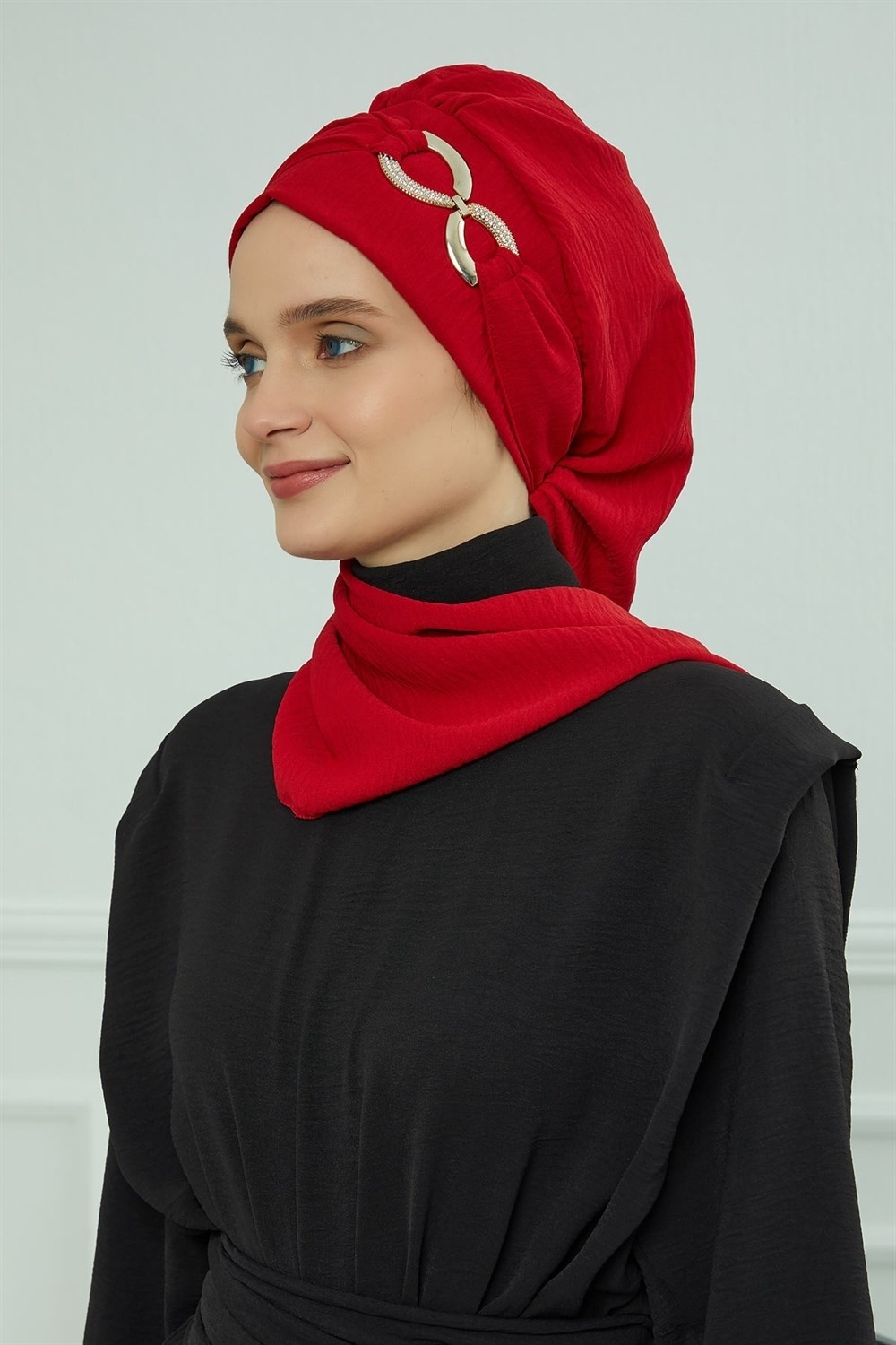 Aisha's Design Metal Aksesuarlı Şık Hazır Türban,Kırmızı,HT-94 görsel 4