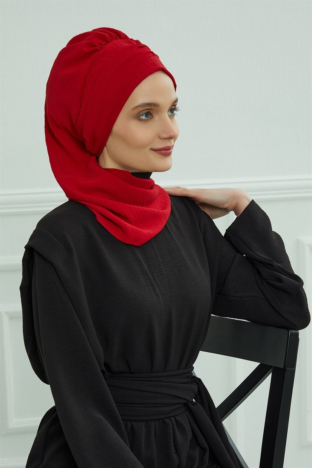 Aisha's Design Metal Aksesuarlı Şık Hazır Türban,Kırmızı,HT-94 görsel 5