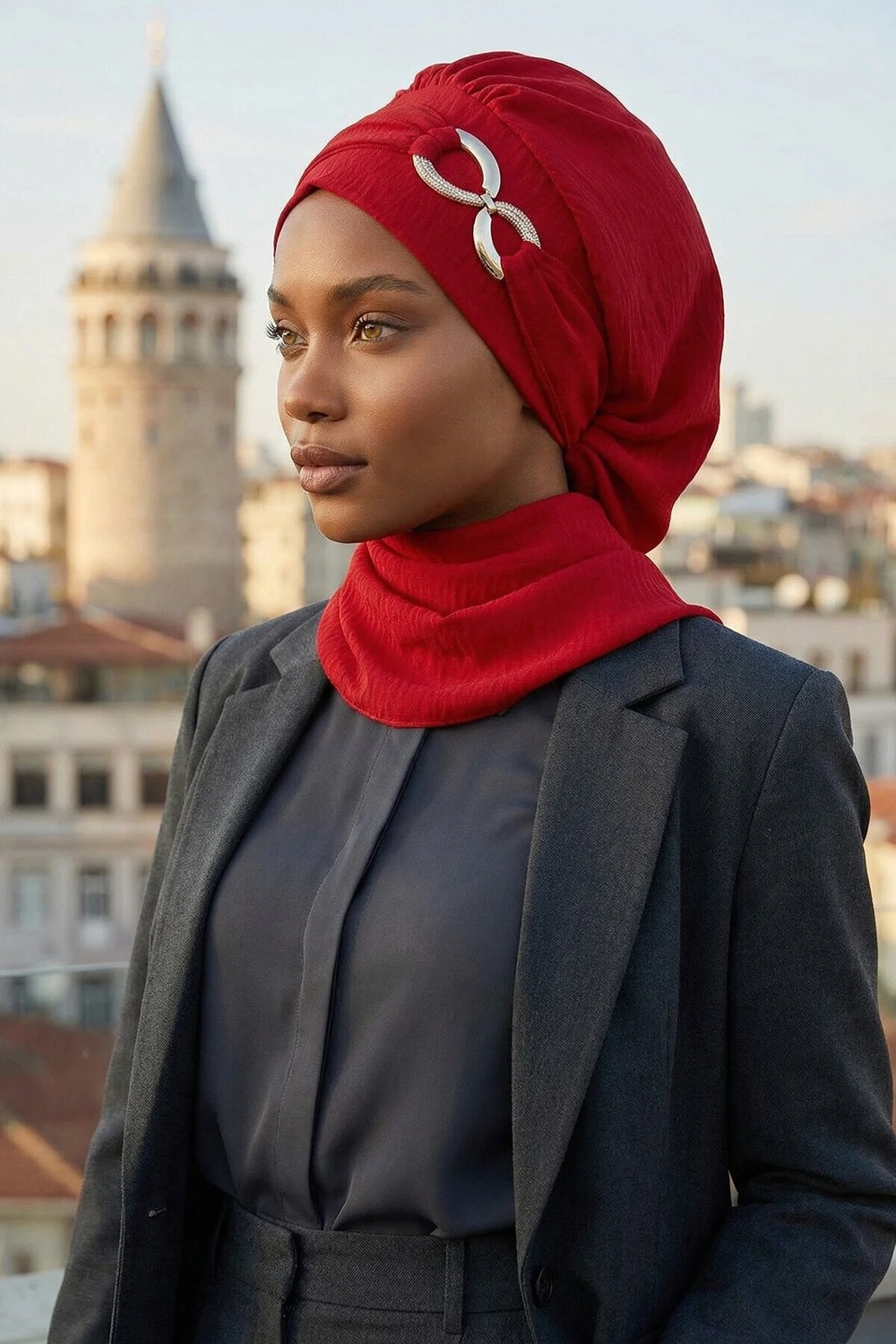Aisha's Design Metal Aksesuarlı Şık Hazır Türban,Kırmızı,HT-94 görsel 6