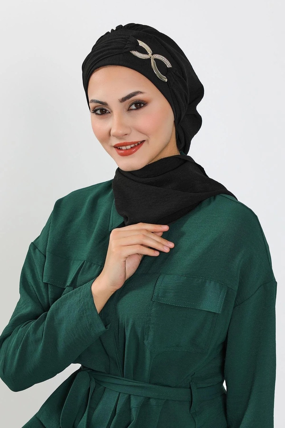 Aisha's Design Metal Aksesuarlı Şık Hazır Türban,Siyah,HT-94 görsel 3