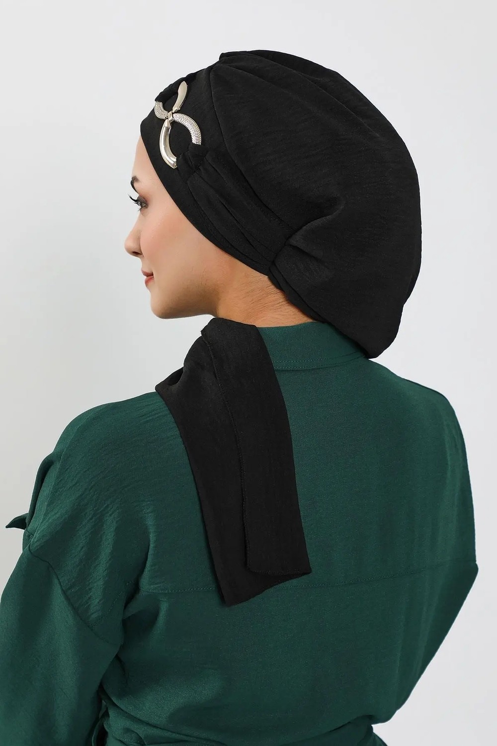 Aisha's Design Metal Aksesuarlı Şık Hazır Türban,Siyah,HT-94 görsel 4