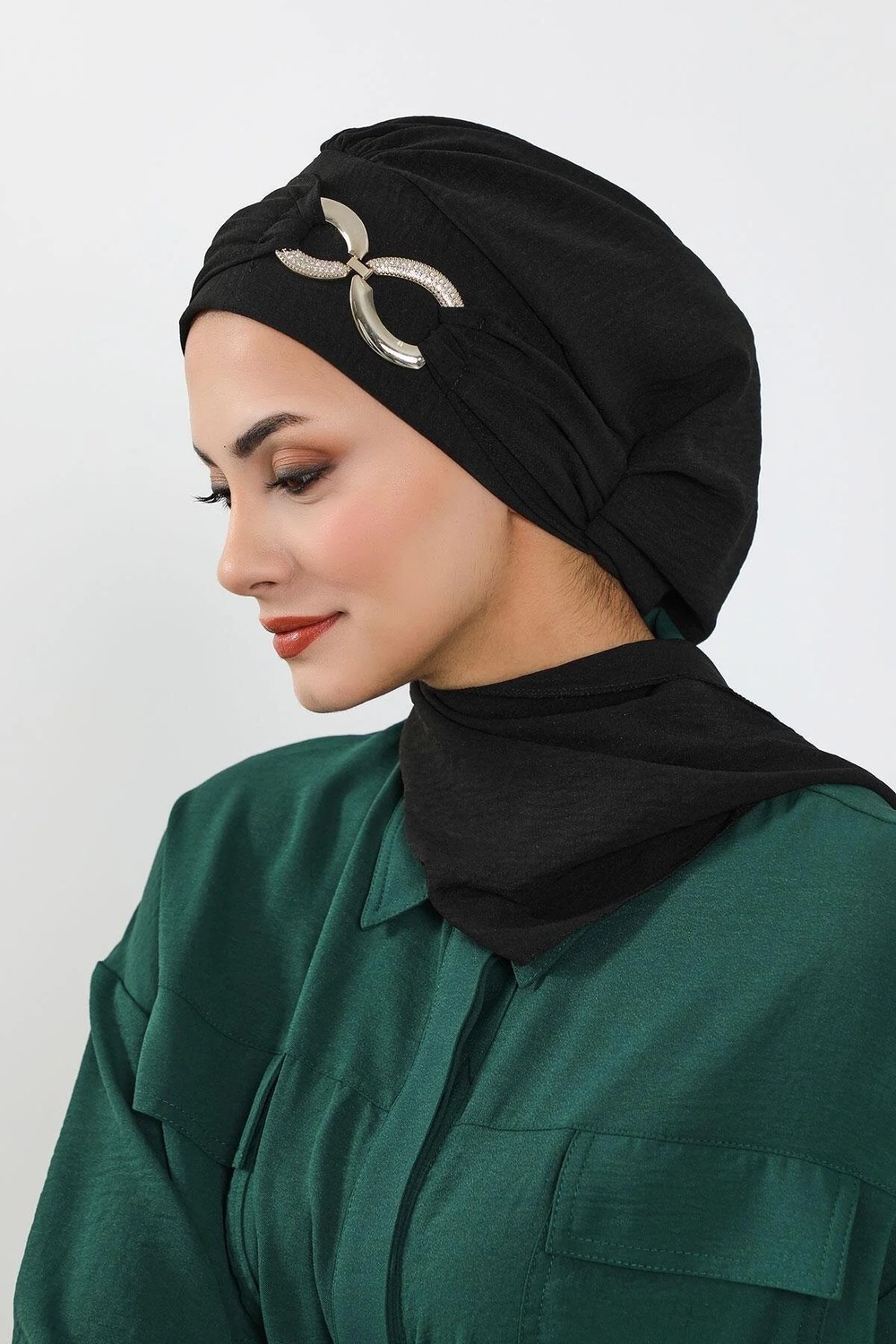 Aisha's Design Metal Aksesuarlı Şık Hazır Türban,Siyah,HT-94 görsel 5