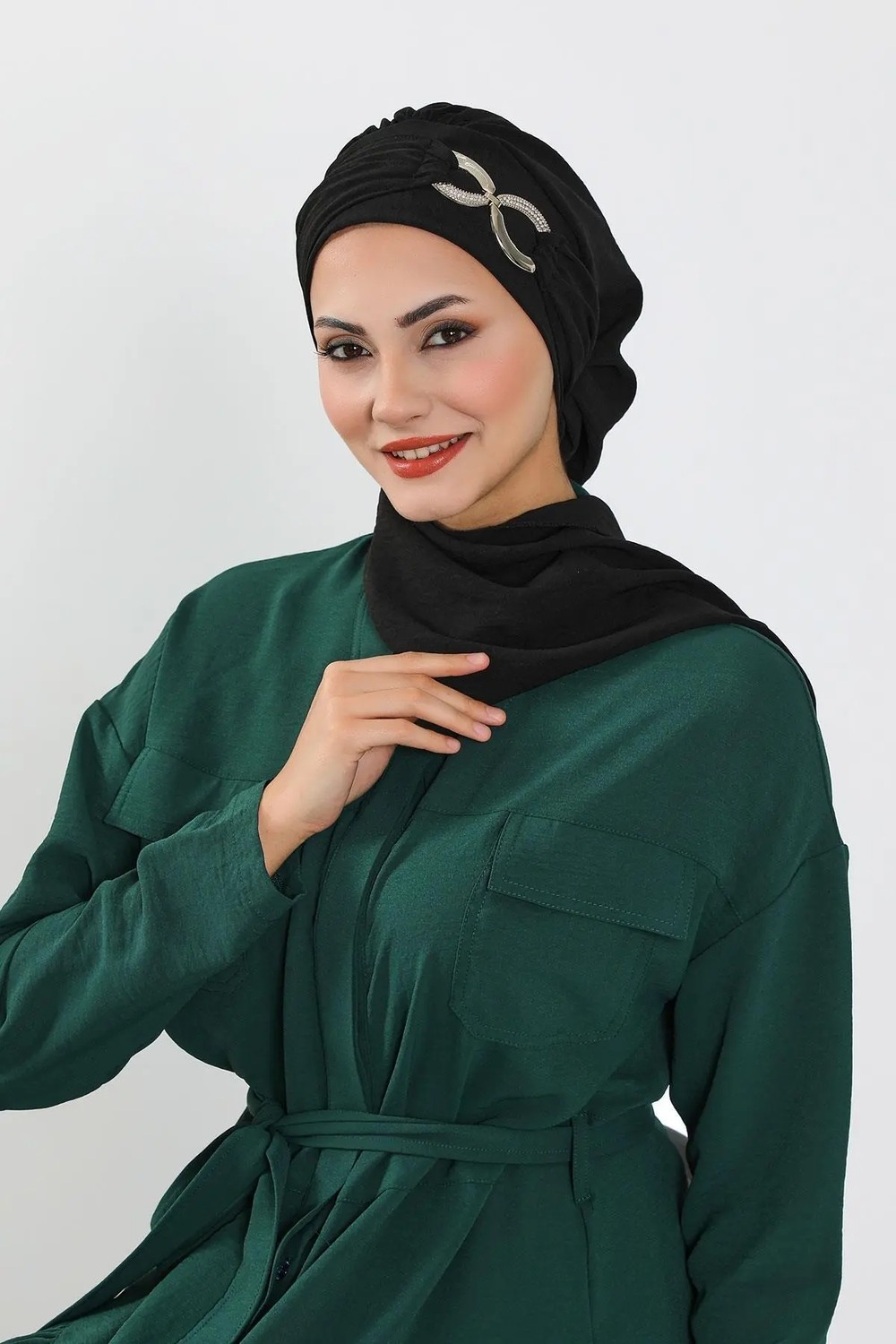 Aisha's Design Metal Aksesuarlı Şık Hazır Türban,Siyah,HT-94 görsel 6