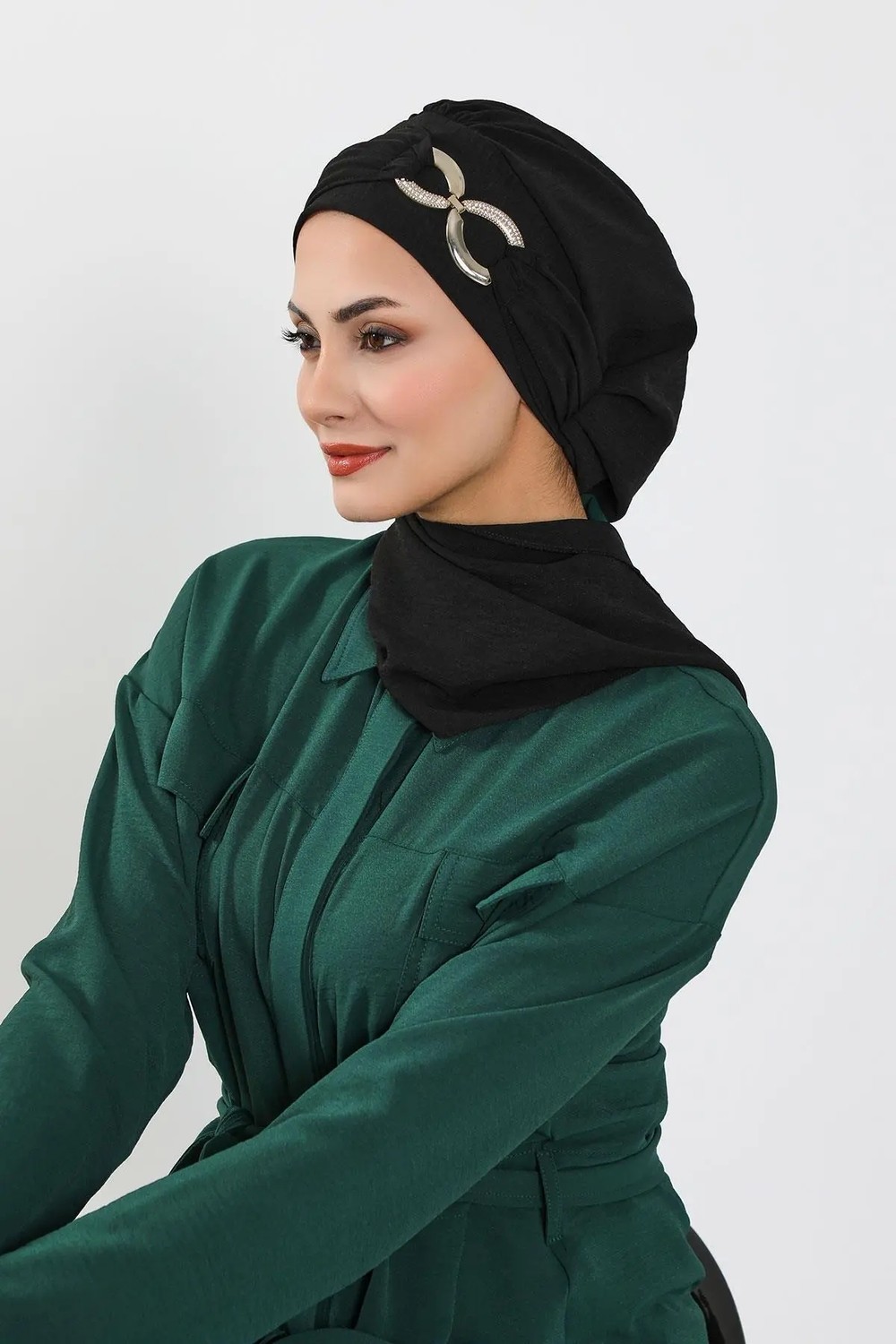Aisha's Design Metal Aksesuarlı Şık Hazır Türban,Siyah,HT-94 görsel 8