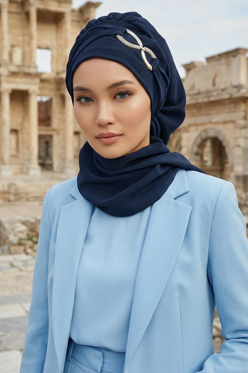 Aisha's Design Metal Aksesuarlı Şık Hazır Türban,Lacivert,HT-94