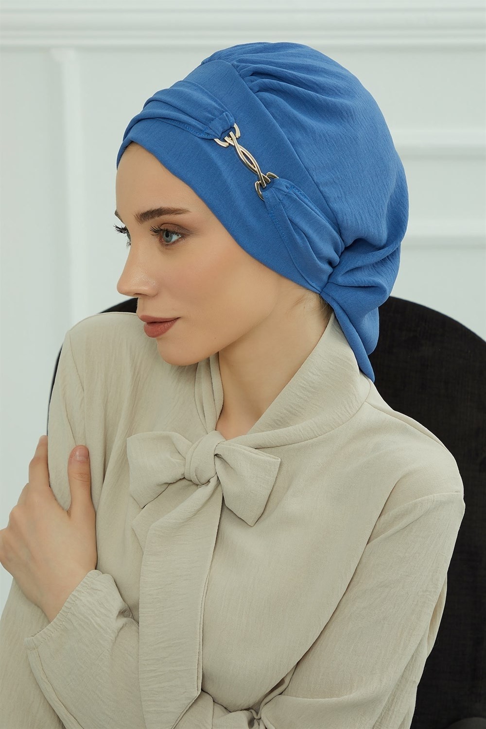Aisha's Design Aksesuarlı Hazır Türban,Mavi,HT-93 görsel 3
