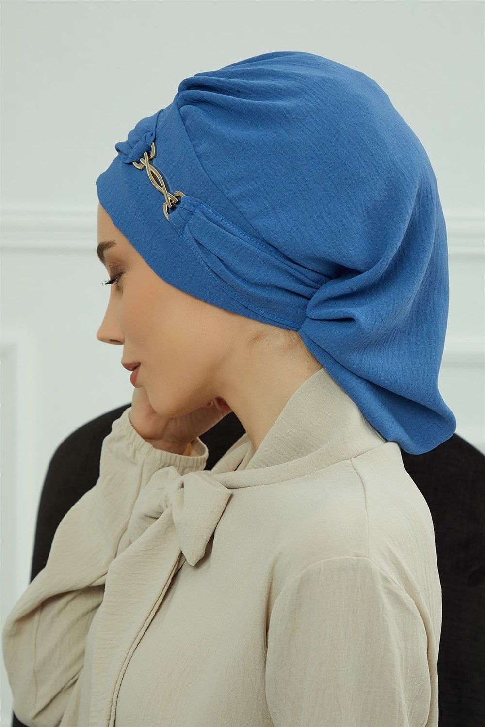 Aisha's Design Aksesuarlı Hazır Türban,Mavi,HT-93 görsel 4