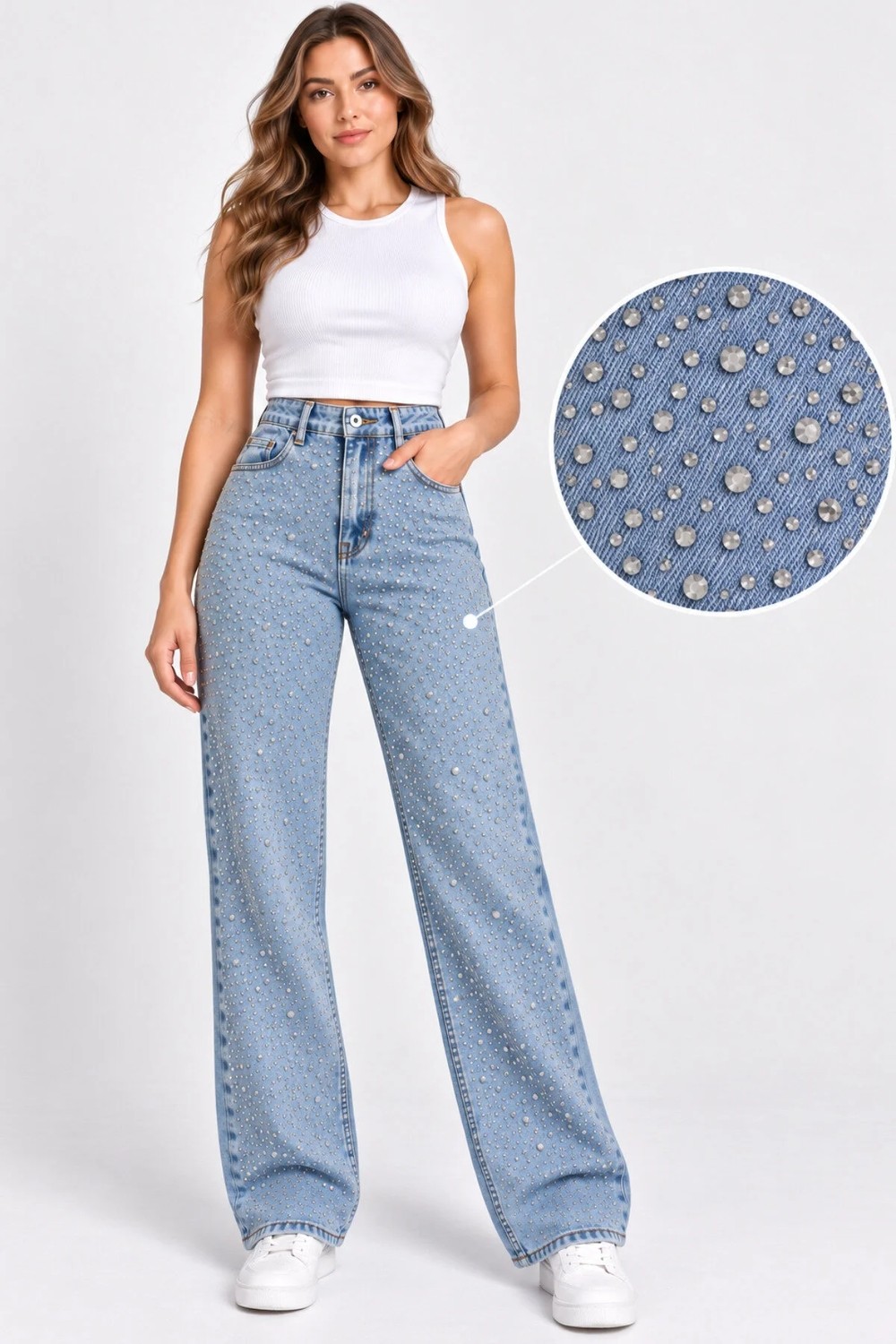 Banega Curve Kadın Büyük Beden Taş Detaylı Yüksek Bel Bol Paça Açık Mavi Jeans Kot Pantolon