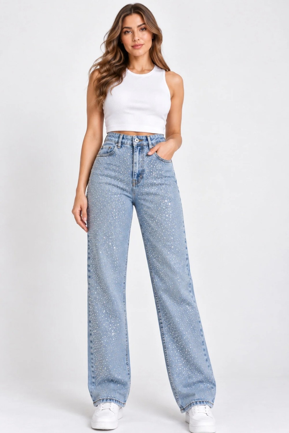 Banega Curve Kadın Büyük Beden Taş Detaylı Yüksek Bel Bol Paça Açık Mavi Jeans Kot Pantolon görsel 3