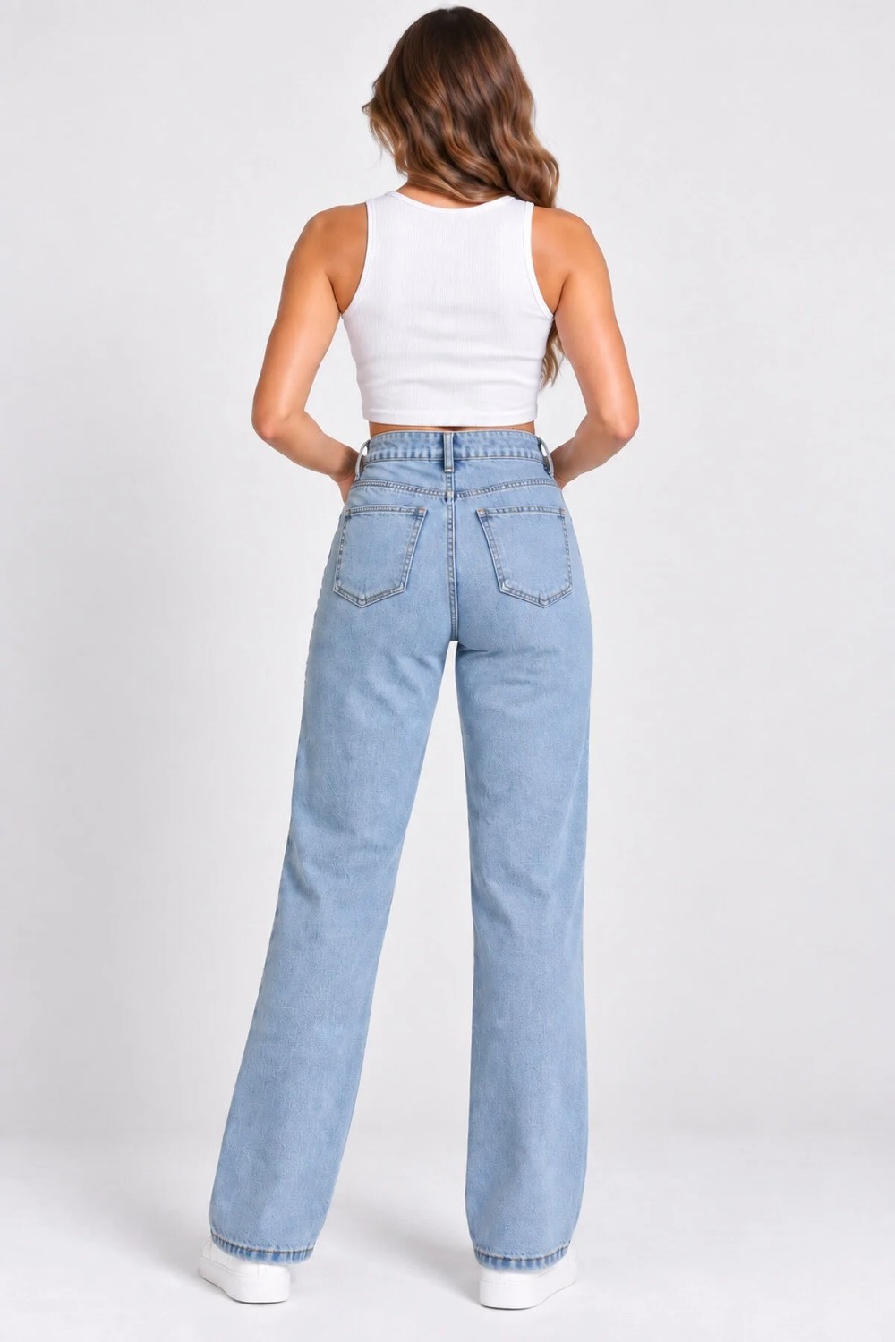 Banega Curve Kadın Büyük Beden Taş Detaylı Yüksek Bel Bol Paça Açık Mavi Jeans Kot Pantolon görsel 5