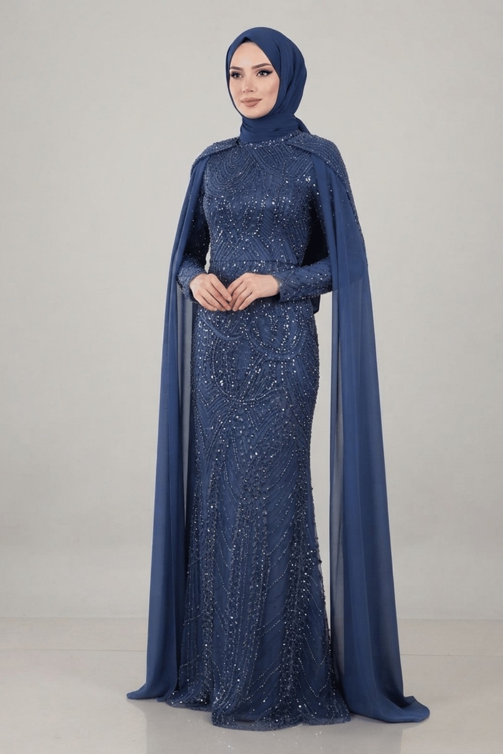 Giyimmasalı Full Boncuklu Kumaş Kolları Sifon Detaylı Tesettür Elbise - Indigo MAVİ-GYM-41238