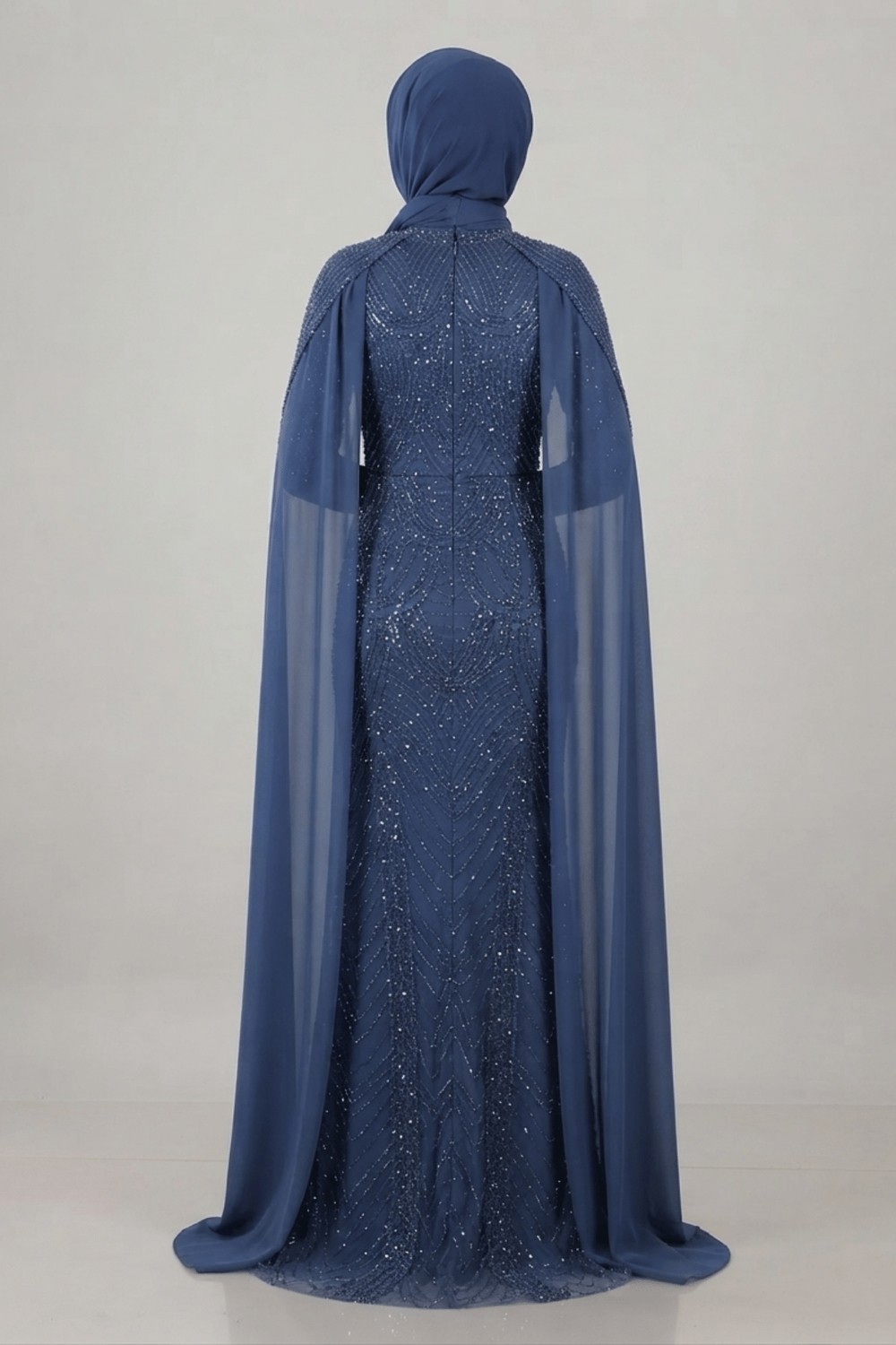 Giyimmasalı Full Boncuklu Kumaş Kolları Sifon Detaylı Tesettür Elbise - Indigo MAVİ-GYM-41238 görsel 2