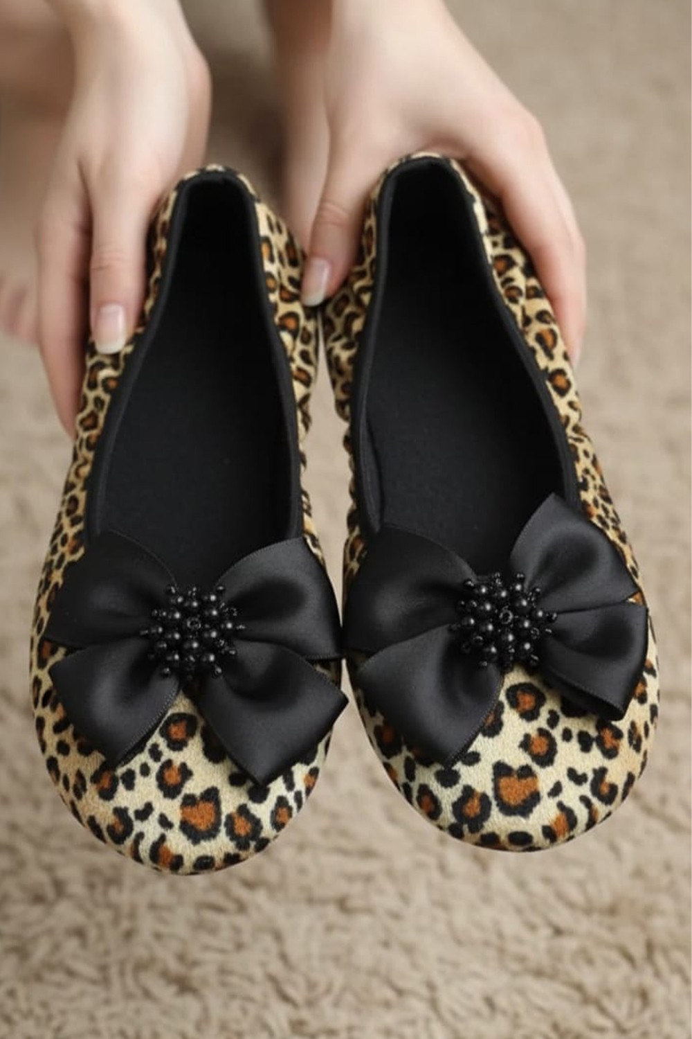 Ceyda Shoes Kadife Leopar Ev,hac Tavaf Umre , Hediye, Günlük Babet, Panduf, Patik, Şık Kurdele Detaylı Gös