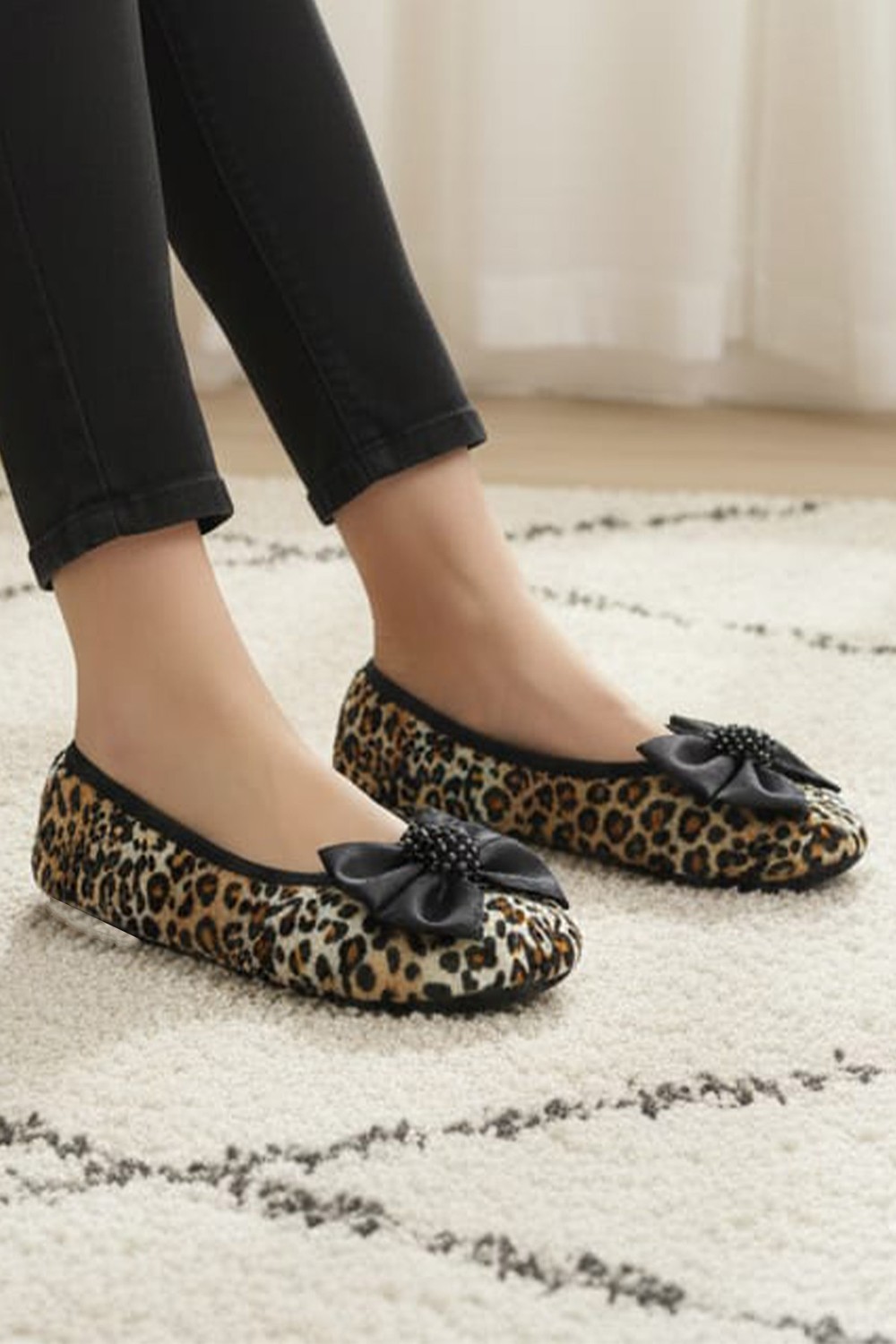 Ceyda Shoes Kadife Leopar Ev,hac Tavaf Umre , Hediye, Günlük Babet, Panduf, Patik, Şık Kurdele Detaylı Gös görsel 6