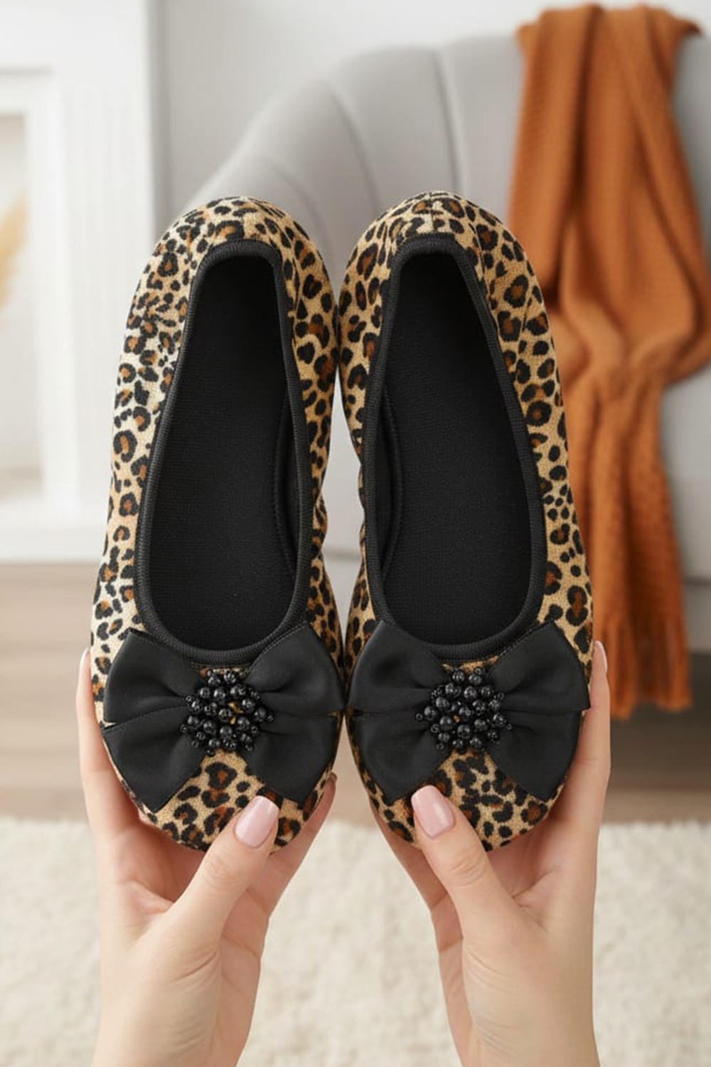 Ceyda Shoes Kadife Leopar Ev,hac Tavaf Umre , Hediye, Günlük Babet, Panduf, Patik, Şık Kurdele Detaylı Gös görsel 7