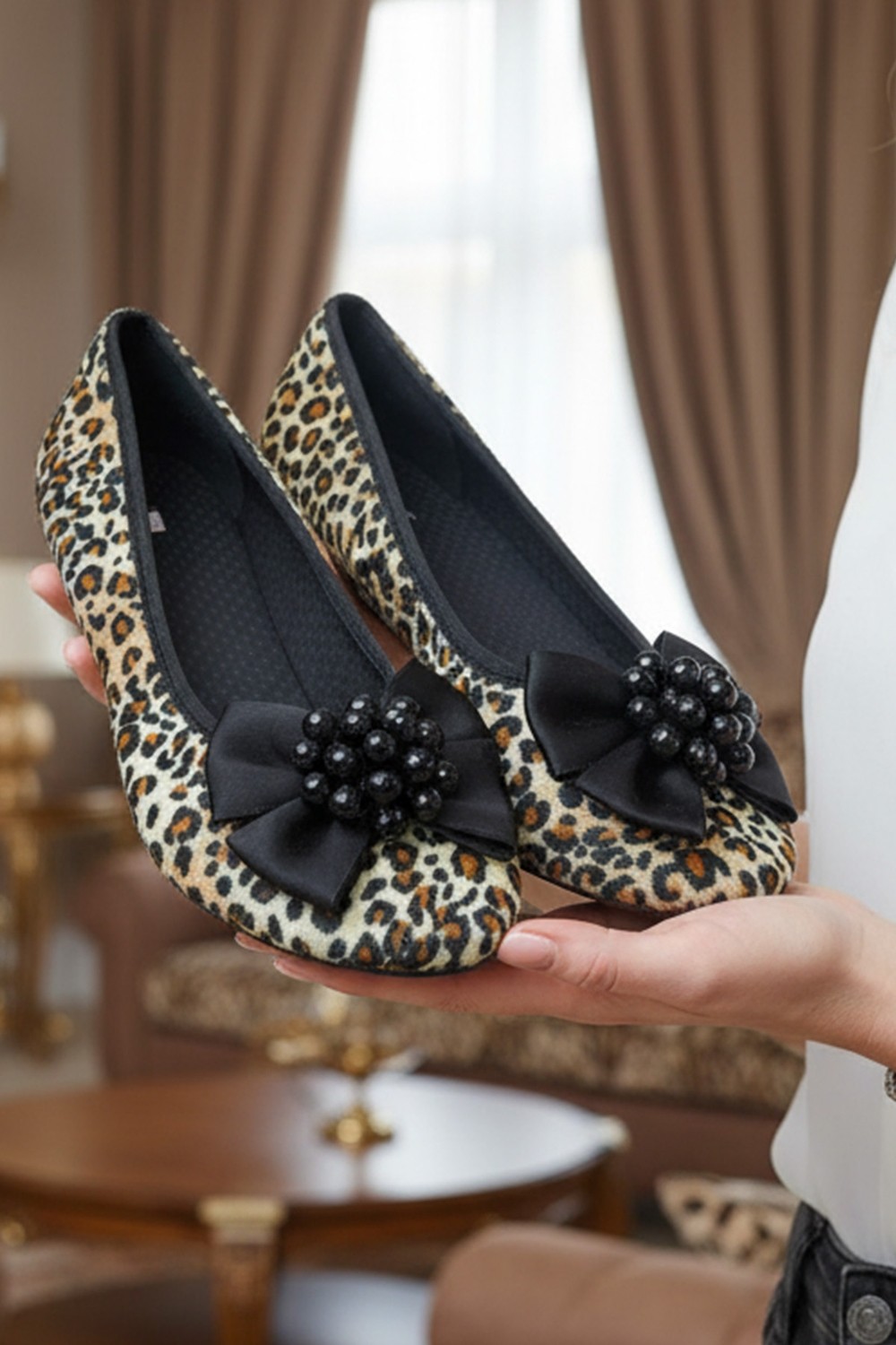 Ceyda Shoes Kadife Leopar Ev,hac Tavaf Umre , Hediye, Günlük Babet, Panduf, Patik, Şık Kurdele Detaylı Gös görsel 8