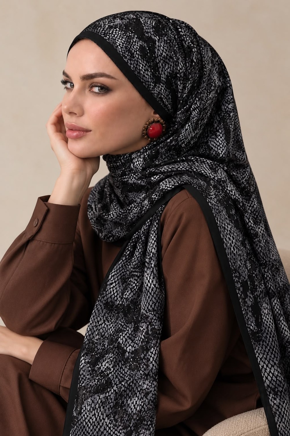 Revam Collection Point Desen Pamuk Soft Şal Siyah-Gri görsel 3