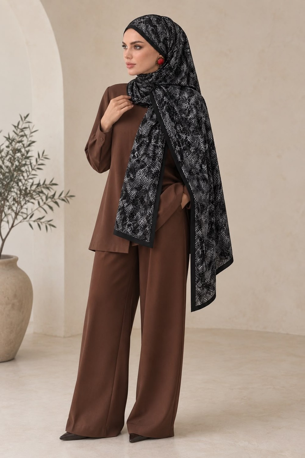 Revam Collection Point Desen Pamuk Soft Şal Siyah-Gri görsel 4