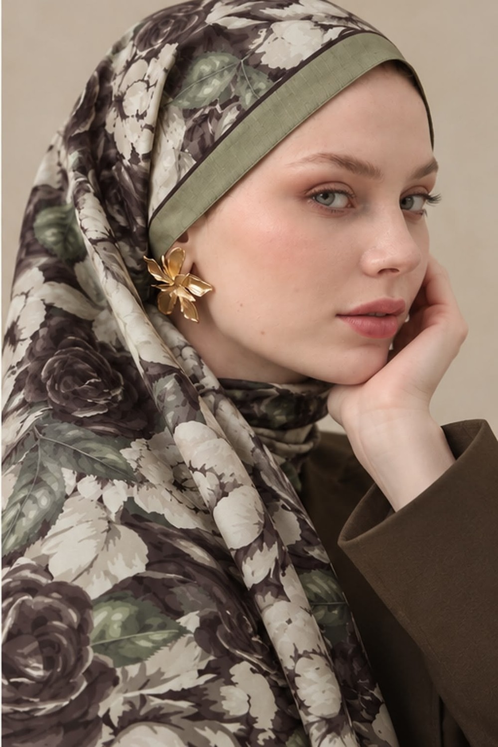 Revam Collection Gül Desen Pamuk Soft Şal Haki görsel 2
