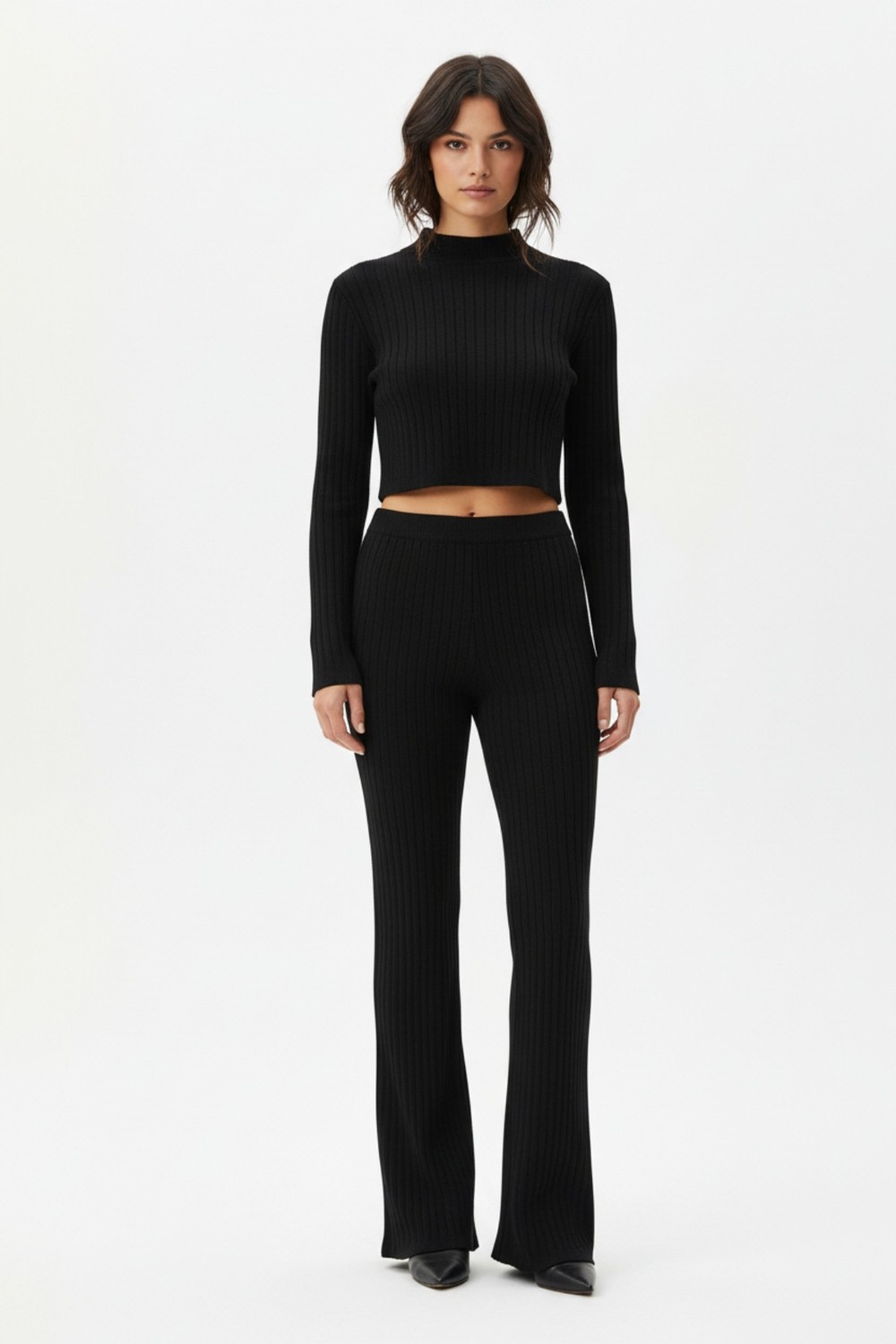 Fantastik Store Kadın Siyah Fitilli Eşofman Takımı, Crop Uzun Kollu Üst & Paça Pantolon, Şık Günlük Set