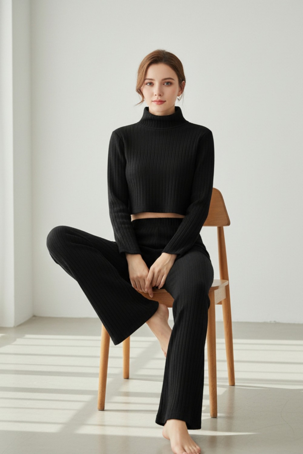 Fantastik Store Kadın Siyah Fitilli Eşofman Takımı, Crop Uzun Kollu Üst & Paça Pantolon, Şık Günlük Set görsel 2