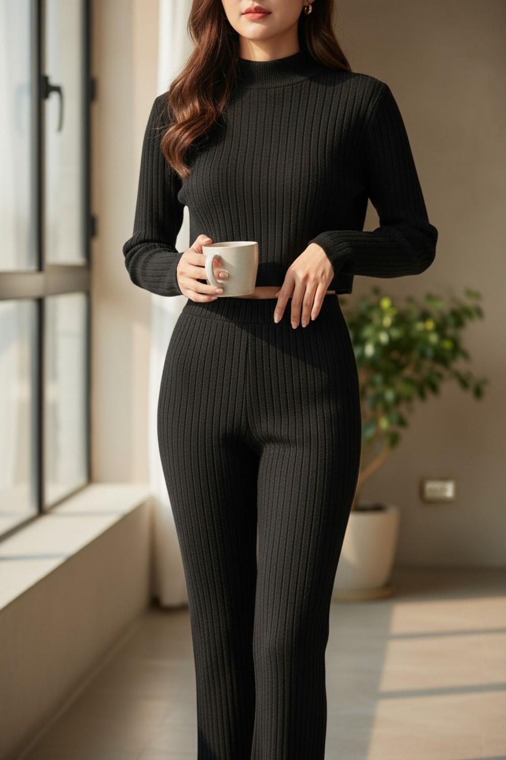 Fantastik Store Kadın Siyah Fitilli Eşofman Takımı, Crop Uzun Kollu Üst & Paça Pantolon, Şık Günlük Set görsel 6