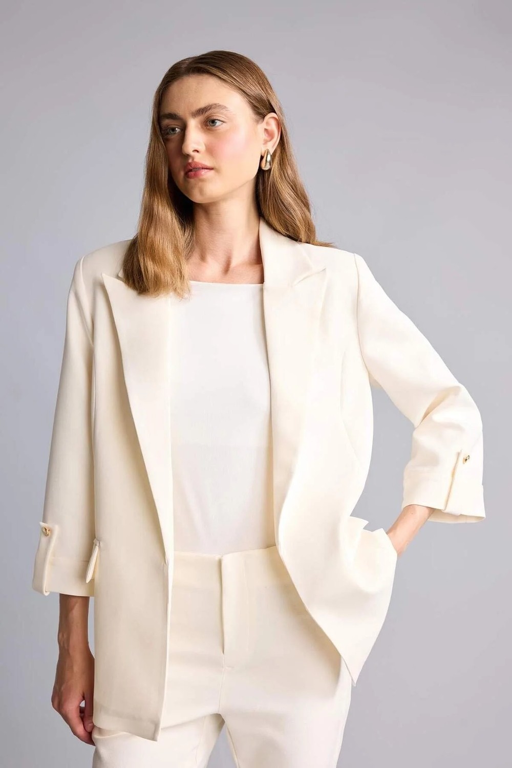 DeFacto Oversıze Basic Blazer Beyaz Ceket C3215AX26AU görsel 4