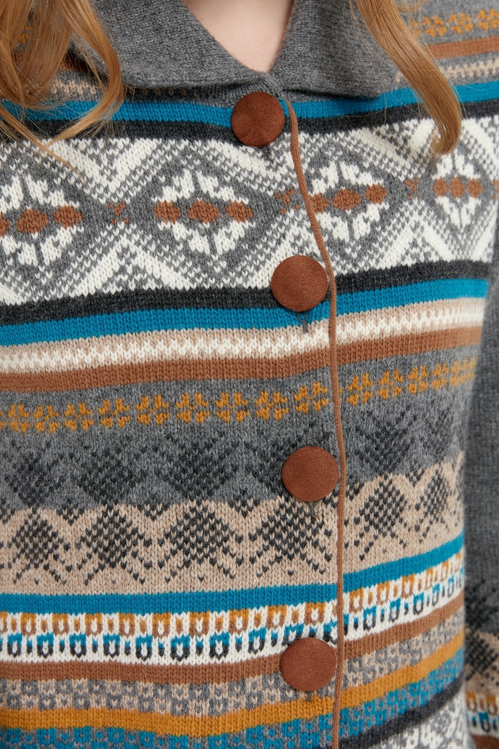 Desen Triko Kadın Polo Yaka Eteği Keçeli Araboy Yün Hırka Füme görsel 6