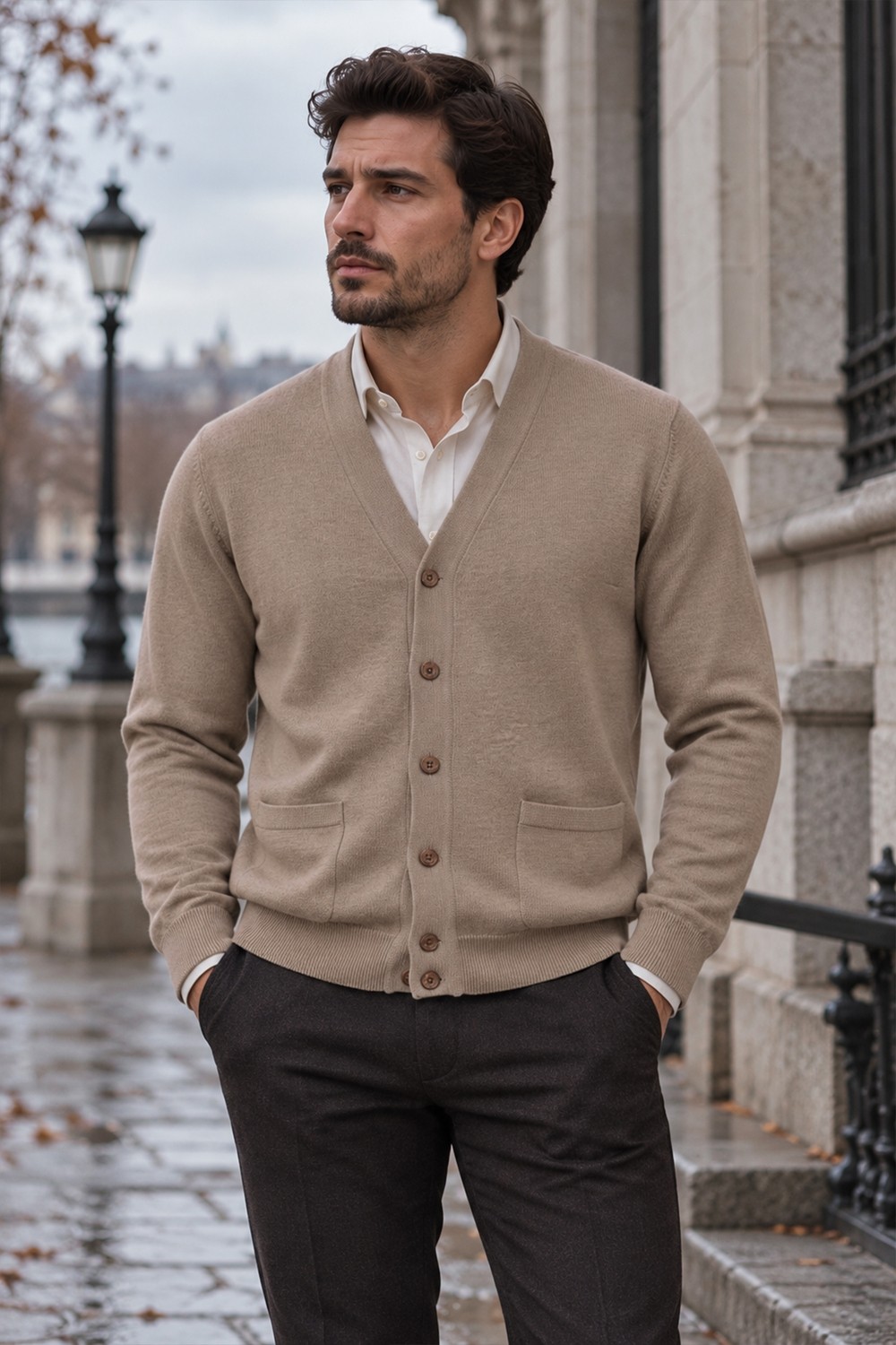 Beyome Erkek %100 Cotton V Yaka Düğmeli Hırka-Süveter Yandan Cepli Triko Günlük Şık Rahat Kesim