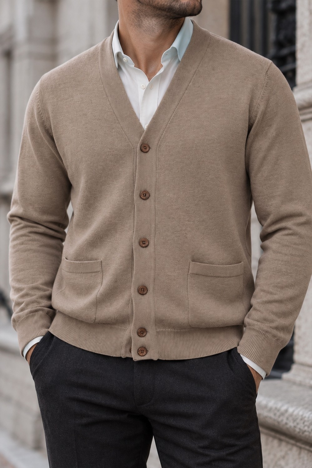 Beyome Erkek %100 Cotton V Yaka Düğmeli Hırka-Süveter Yandan Cepli Triko Günlük Şık Rahat Kesim görsel 8