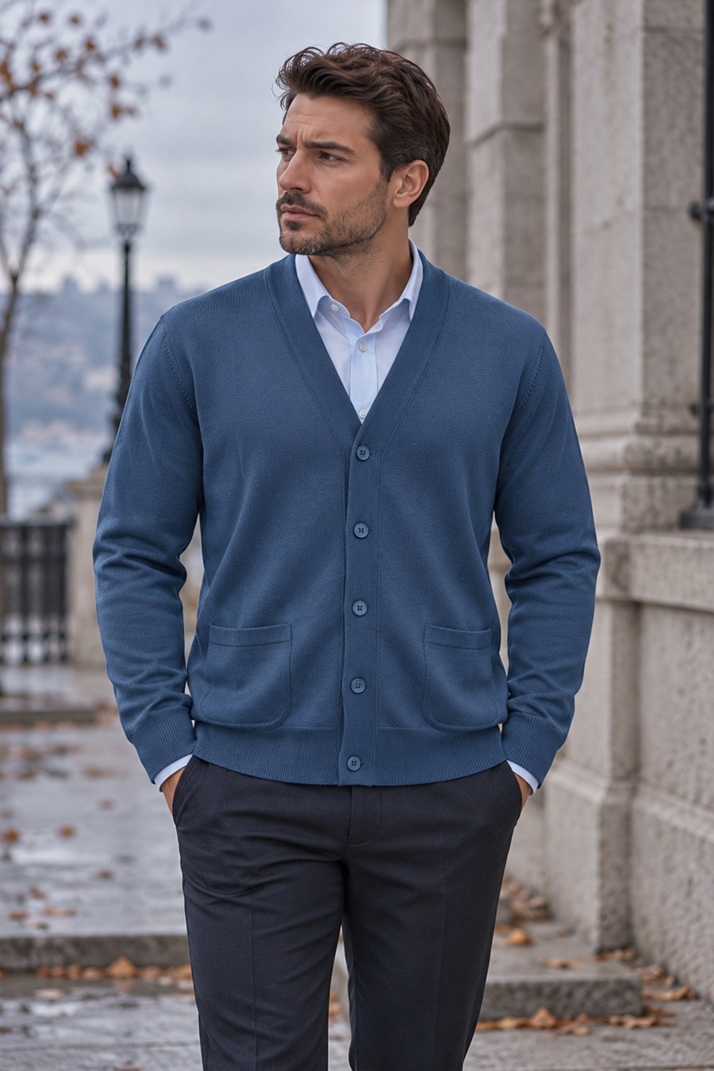 Beyome Erkek %100 Cotton V Yaka Düğmeli Hırka-Süveter Yandan Cepli Triko Günlük Şık Rahat Kesim